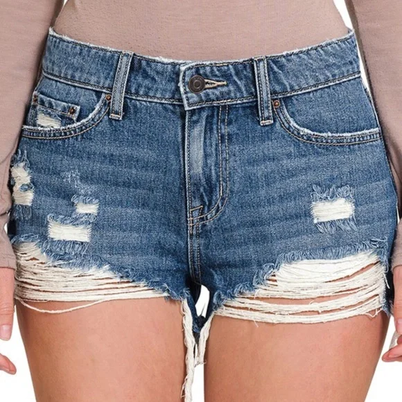 05 Boho Medium Wash Distressed Denim Shorts - Picture 3 of 6
